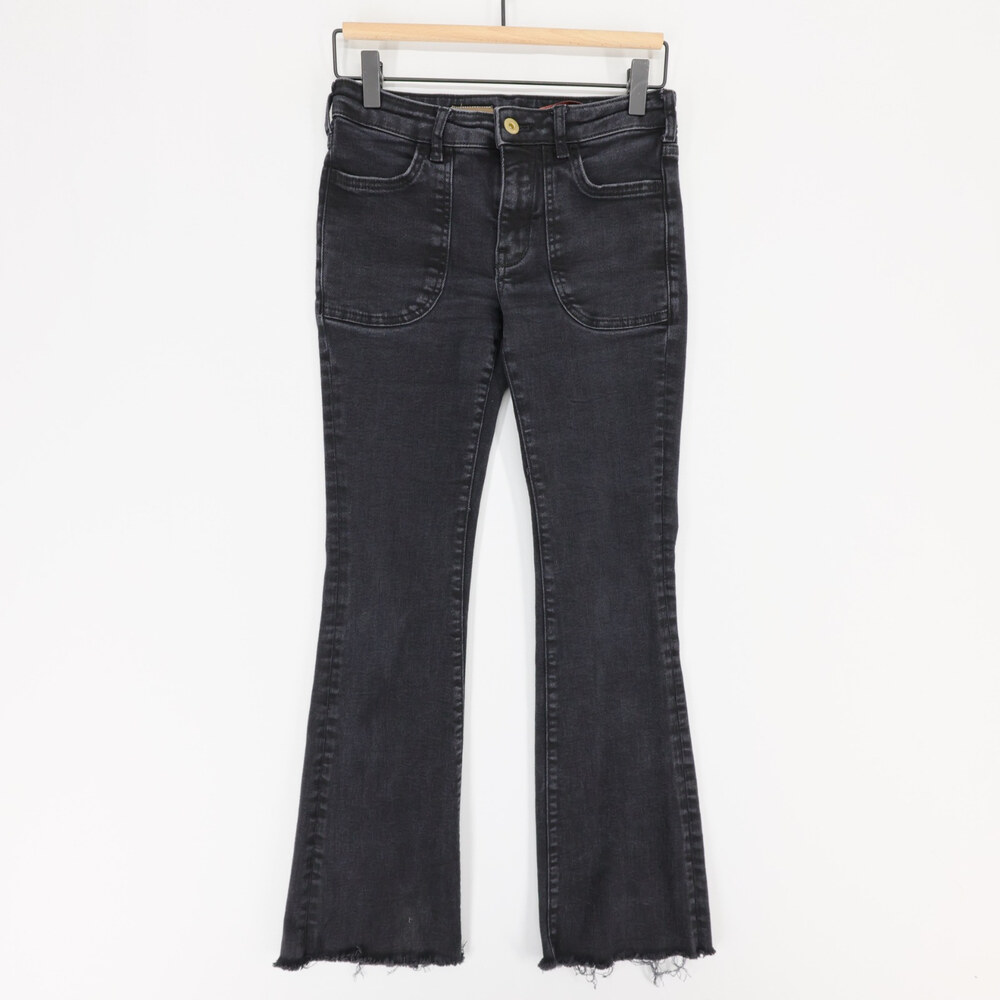Pilcro The Icon Jeans Womens 25 Black Flare Stretch Raw Hem Patch Pocket